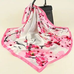 Women's Floral Blossom Flower Satin Silky Square Head Hair Neck Scarf